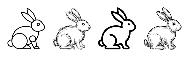 Obraz premium Four black and white rabbit illustrations showing different artistic styles from simple geometric shapes and sketches to a detailed vintage engraving and a modern icon