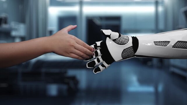 Close up of human and white robot hand reaching hand for handshaking with heart holographic floating at blurred laboratory. Human and AI working together to analyze and diagnosis symptom. Salubrious.