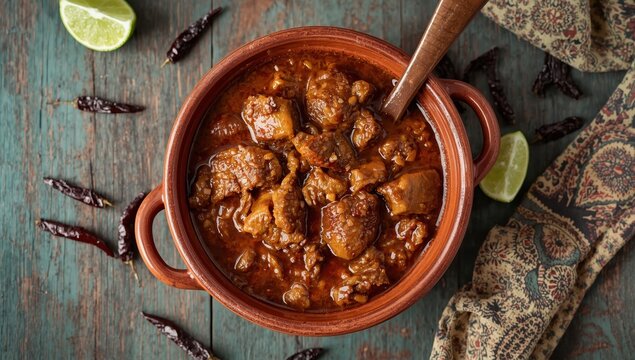 Hearty red chile pork stew in a clay bowl on a rustic wooden table, garnished with lime and dried chile, viewed from above