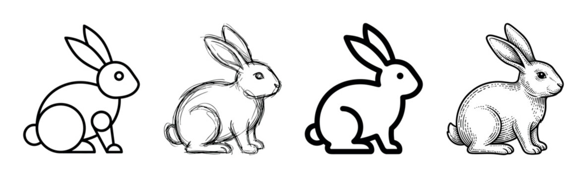 Four black and white rabbit illustrations showing different artistic styles from simple geometric shapes and sketches to a detailed vintage engraving and a modern icon