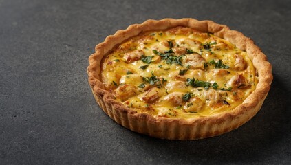 Tasty chicken and cheese quiche garnished with herbs and spices on a dark concrete surface