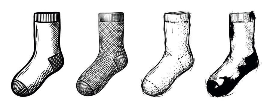 Set of four black and white socks illustrated in a detailed sketch style with different textures and patterns using ink hatching and stippling techniques