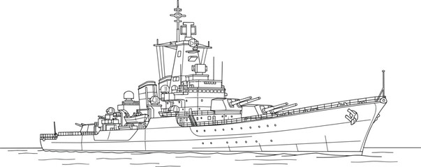 Obraz premium Battleship with guns and tower on water warship naval vessel boat
