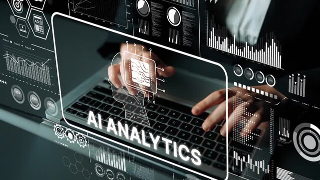 Business Professional Engaging in AI Analytics with Data Visualization and Insights on Modern Technology Interface. Asymptotic smart data analytic.
