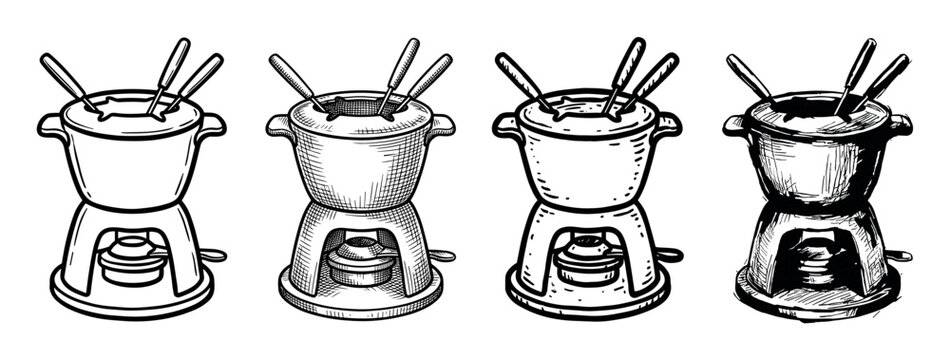 Set of four hand-drawn fondue pots with forks, illustrated in various black and white sketch styles from simple line art to detailed cross-hatching and engraving