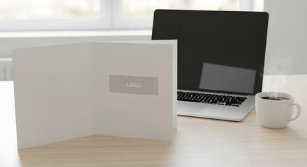 A clean and organized desk setup featuring an open laptop, a coffee cup, and a blank greeting card.