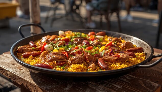 Authentic outdoor chicken paella in a large skillet, featuring bright ingredients and golden rice, showcasing Spanish culinary tradition and street food culture