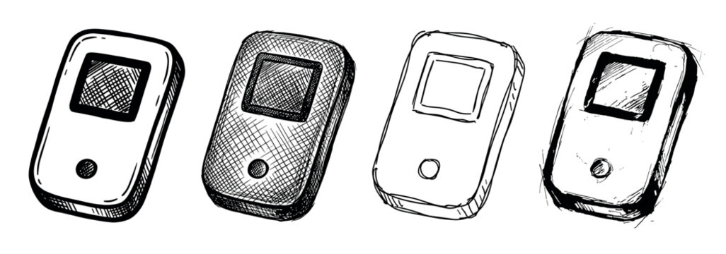Old portable electronic device sketch illustrations set showing four variations of a pager or beeper in a hand-drawn black and white doodle style with ink line art