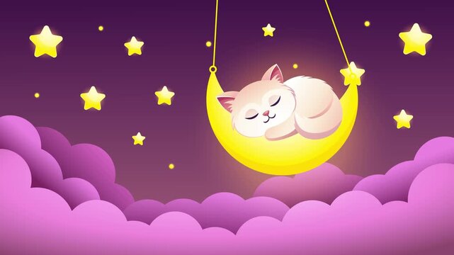 4K looping animation of a cute cat sleeping and swinging on the moon under a starry night sky. Adorable lullaby-themed video for children