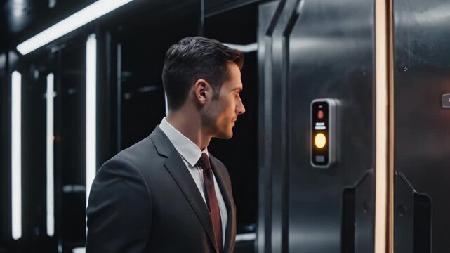 Male figure in a suit approaches a high-tech elevator with digital facial recognition, illuminated by neon lights in a futuristic urban setting