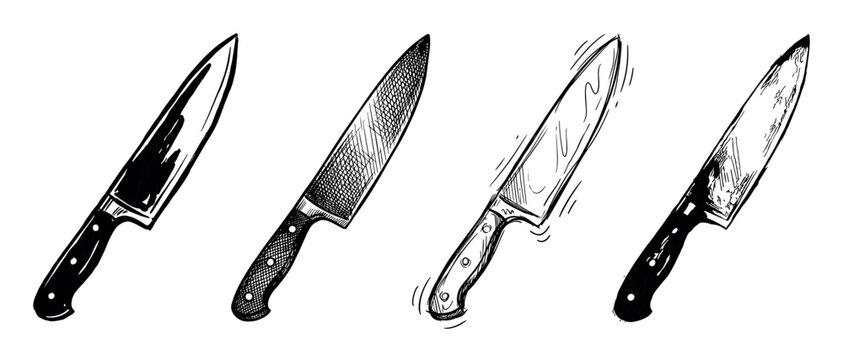 Four hand-drawn black and white chef's knives in a row, showcasing different artistic sketch styles from solid ink to detailed cross-hatching and rough outlines for culinary concepts