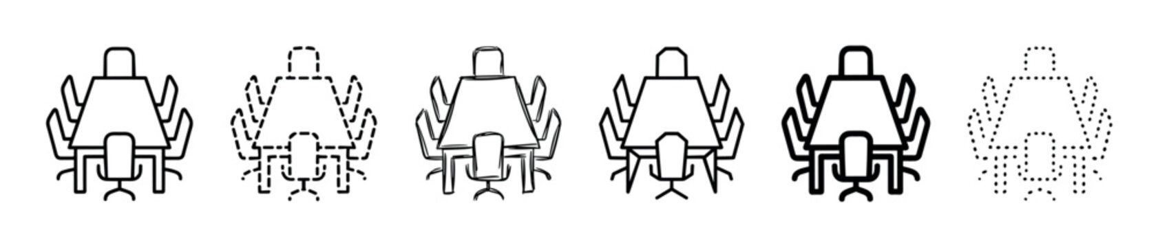 Set of conference table and chairs icons in six different linear styles including solid, dashed, dotted, and hand-drawn for business meeting or boardroom concepts
