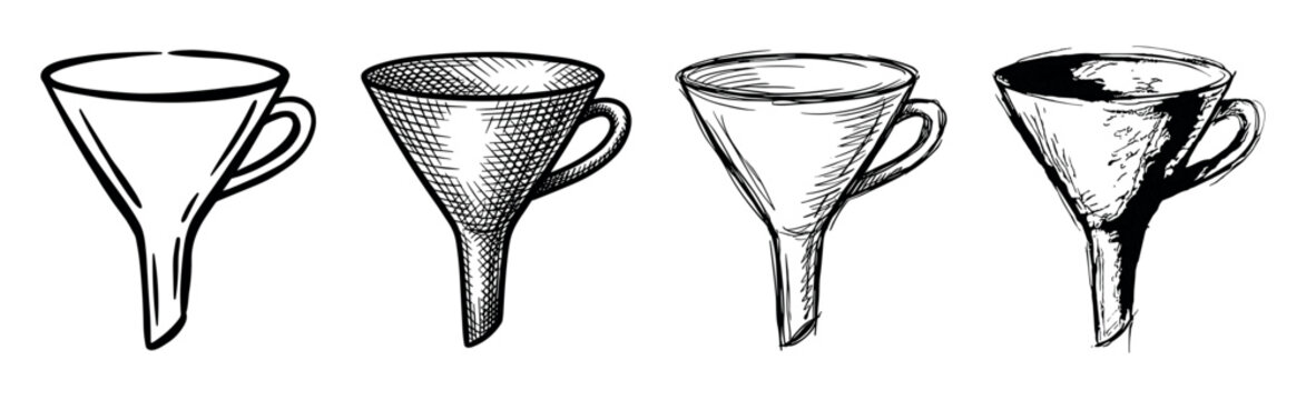 Set of four hand-drawn funnel illustrations in various sketch styles, showing a collection of kitchen or lab tools with different hatching and ink techniques