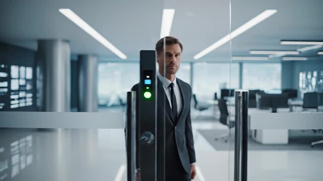Businessman in formal suit approaches smart glass door, activates facial recognition system, and enters modern office space carrying a briefcase