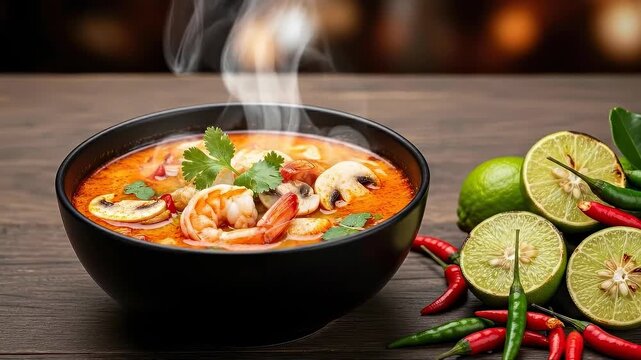 Steaming thai tom yum soup with shrimp, chilis, and lime garnish on rustic table