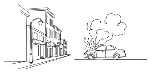 Burning car in city street one line drawing, continuous line art of vehicle on fire near buildings for urban riot scene