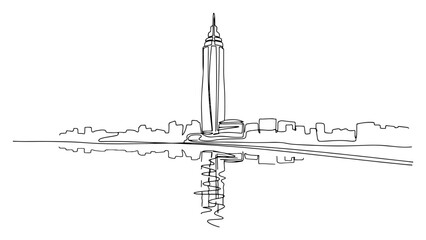 Obraz premium Skyscraper reflection in water one line drawing, continuous line art of landmark building and city skyline panorama