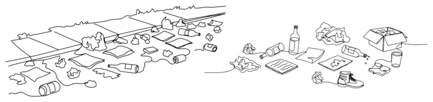 Litter and trash on the street one line drawing, continuous line art of environmental pollution with plastic bottles and paper waste