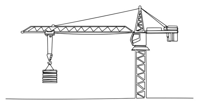 Tower crane on construction site one line drawing, continuous line art of industrial lifting equipment and urban building process