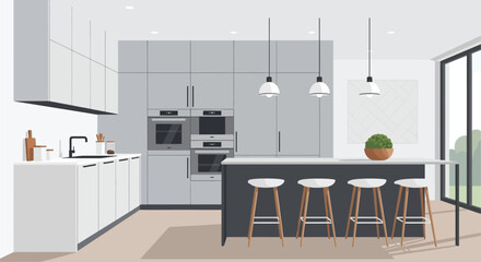 Modern minimalist kitchen design with island and pendant lights