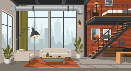Modern loft apartment interior with cityscape view and industrial design elements © Firman Dasmir