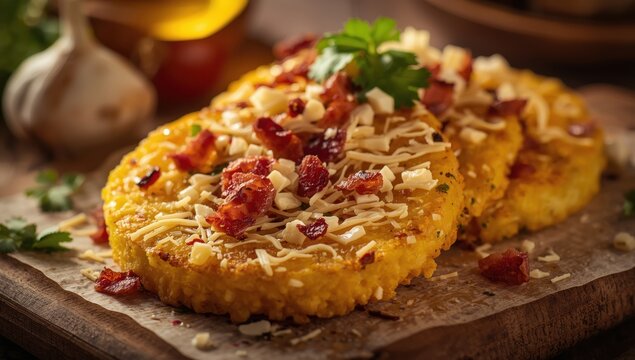 Newly cooked Venezuelan tostones topped with grated Palmizulia cheese, garlic, and crispy bacon