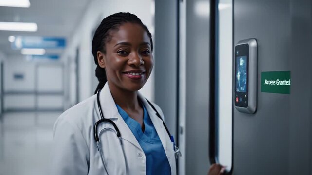 African American female doctor interacts with biometric access panel in hospital corridor, wearing white coat and stethoscope, smiling confidently at the camera