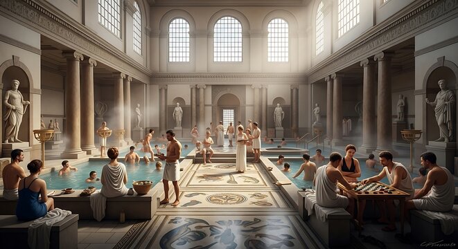 Ancient Roman Baths with People Relaxing.