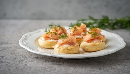 Delicious profiteroles stuffed with smoked salmon, cream cheese, and dill on a concrete surface. Holiday appetizer. Blurred focus, room for text