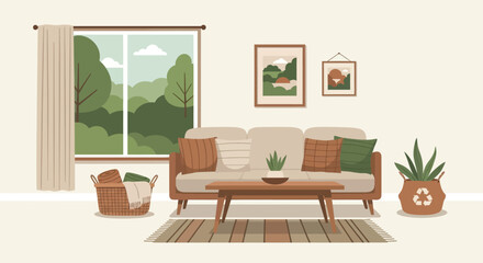 Cozy living room interior design with nature view through window and eco-friendly elements