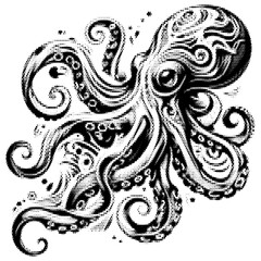 Abstract octopus vintage y2k halftone art, surreal marine creature stipple brutalist retro vector png with transparent background, bold 2000s aesthetic photocopy effect tattoo © Twin Design