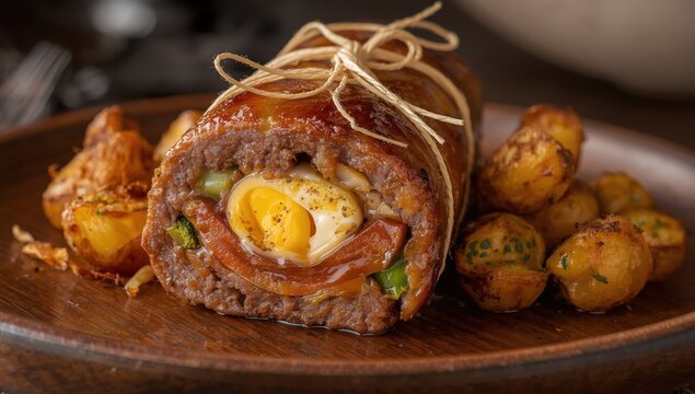 Colombian beef roll filled with bacon, egg, and veggies, tied, baked to a golden finish, and accompanied by roasted potatoes