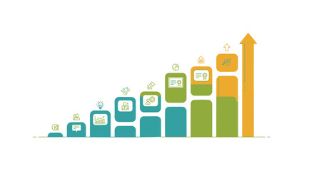 Vector business graph with increasing arrow, colorful bars and icons, for presentation or website, Isolated on transparent background, png