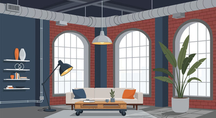 Cozy industrial loft living room with large windows and exposed brick walls showcasing minimalist © Firman Dasmir