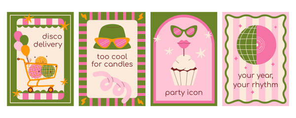 Collection of trendy birthday cards with disco ball, shopping cart with balloons, sunglasses, vinyl record, cupcake with lips. Modern retro flat vector minimalist illustration set for party, event