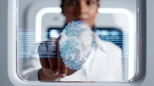 South Asian woman interacts with biometric scanner, first touching the screen, then presenting her fingerprint, and finally receiving a green confirmation signal in a modern setting