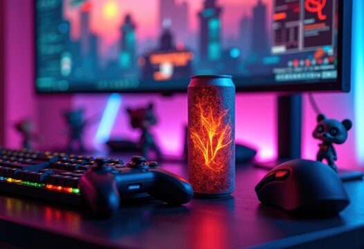 Aluminum Can Energy Beverage on Dynamic Gamer Streaming Desk with Neon Accents and RGB Lighting