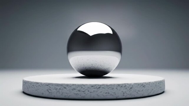 Pristine, polished chrome sphere rests on a matte white pedestal in a high-key lit minimalist studio, sharp reflections. Slow dolly push-in video. Concept of absolute precision
