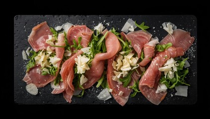 Fototapeta premium Top view of a salad featuring Parma, prosciutto, arugula, and cheese on a black background