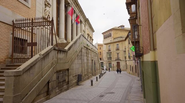Very old classical buildings in the streets of the center of Toledo, monumental city, Spain.