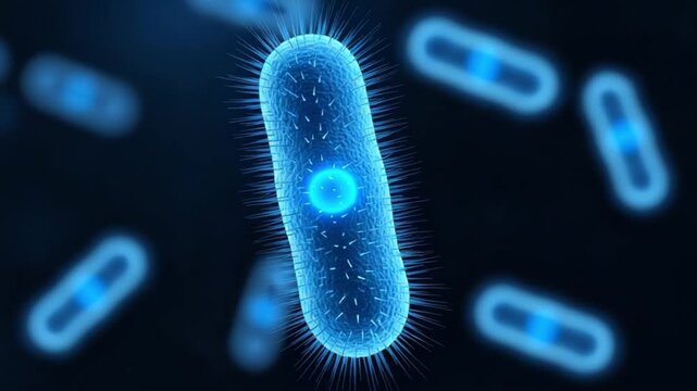 Blue bacteria cells on dark background with glowing effect