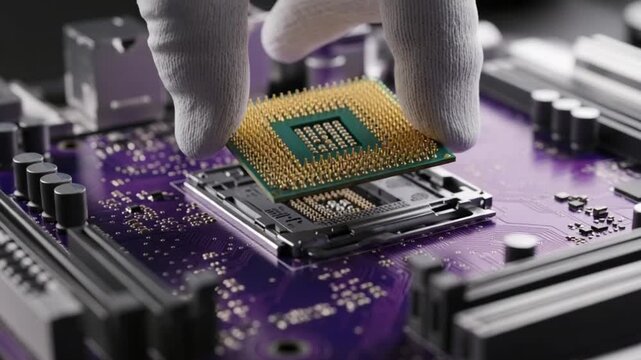Hand in a glove installing a cpu processor onto a motherboard, highlighting the intricate details of computer hardware