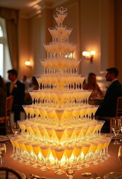 Cascading Champagne Glass Tower Splendidly Decorates Grand Wedding Reception Aisle