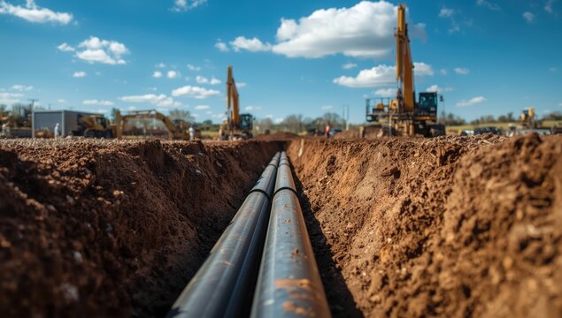 Building pipelines for oil, gas, and industrial gases, including trenches for pipe installation