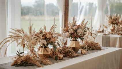 Fototapeta premium Boho-style wedding decor featuring light colors in a tent, a table adorned with gold vases of roses and grains, and geometric candles in gold holders