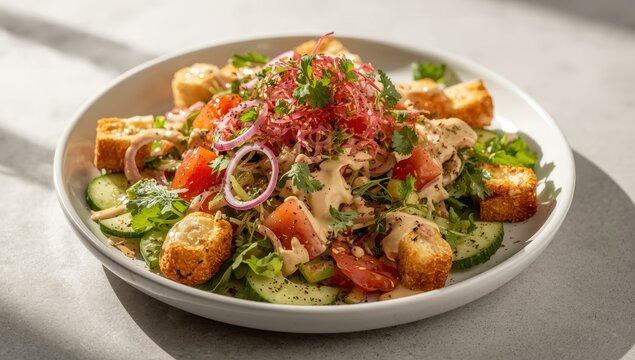 Classic fattoush salad featuring pita croutons, cucumber, tomato, red onion, mixed vegetables, and herbs