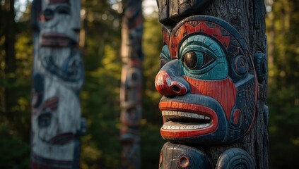 Detailed view of a vibrant Alaskan totem in a Juneau forest, with Native art on a tree trunk in soft focus behind