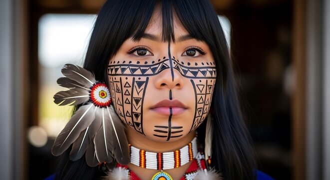 Young indigenous woman with traditional face paint and feather adornment, looking directly at camera