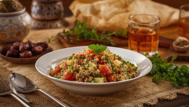 Close-up of tabbouleh salad, traditional Middle Eastern dish for a Muslim family's iftar during Ramadan