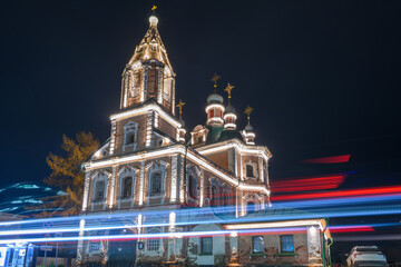 Illuminated church glows brightly in Pereslavl-Zalessky's night sky